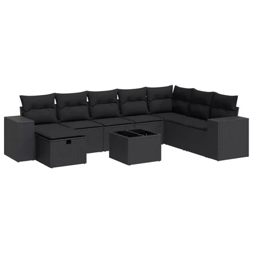  9 részes fekete polyrattan kerti ülőgarnitúra párnákkal
