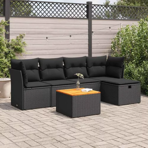  6 részes fekete polyrattan kerti ülőgarnitúra párnákkal