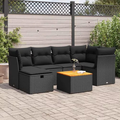  7 részes fekete polyrattan kerti ülőgarnitúra párnával