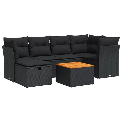  7 részes fekete polyrattan kerti ülőgarnitúra párnával
