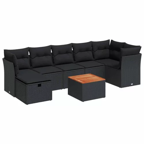  8 részes fekete polyrattan kerti ülőgarnitúra párnákkal