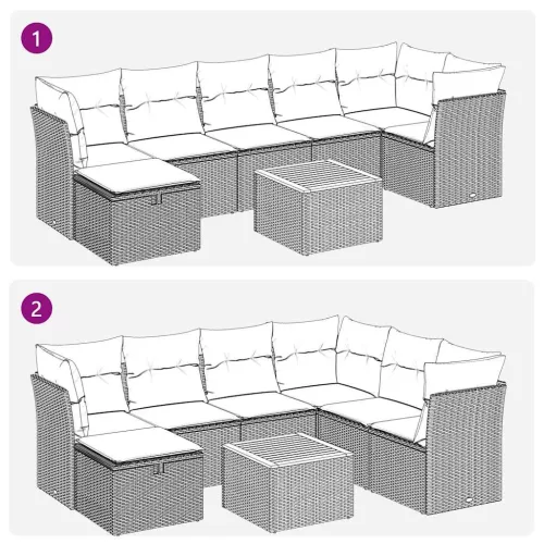  8 részes fekete polyrattan kerti ülőgarnitúra párnákkal
