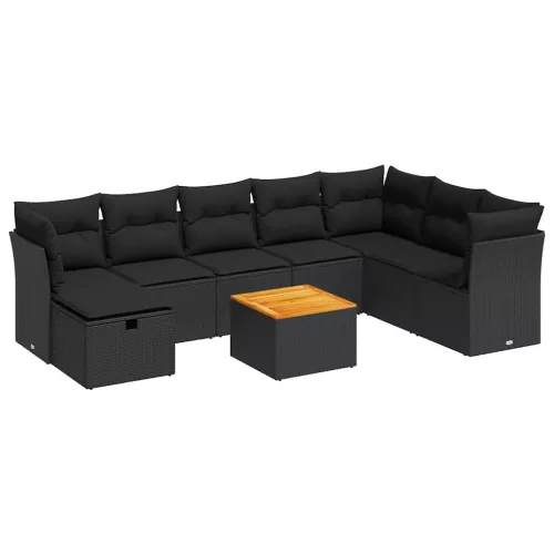  9 részes fekete polyrattan kerti ülőgarnitúra párnákkal