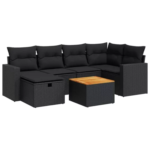  7 részes fekete polyrattan kerti ülőgarnitúra párnával