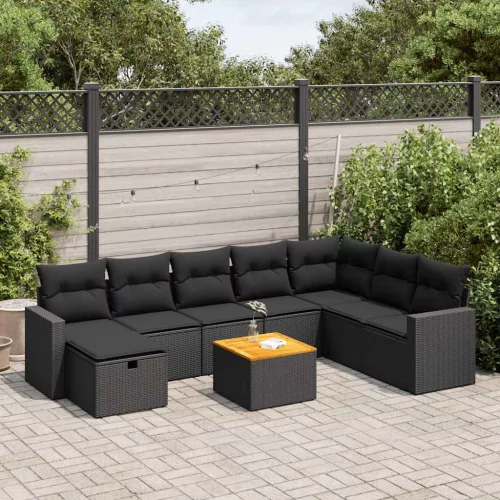  9 részes fekete polyrattan kerti ülőgarnitúra párnákkal