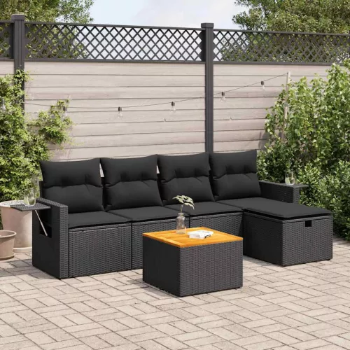  6 részes fekete polyrattan kerti ülőgarnitúra párnákkal