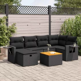    7 részes fekete polyrattan kerti ülőgarnitúra párnával