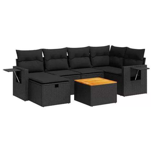  7 részes fekete polyrattan kerti ülőgarnitúra párnával