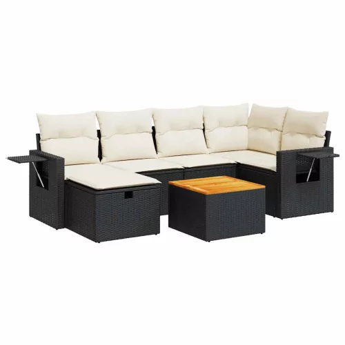  7 részes fekete polyrattan kerti ülőgarnitúra párnával