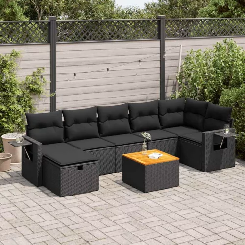  8 részes fekete polyrattan kerti ülőgarnitúra párnákkal