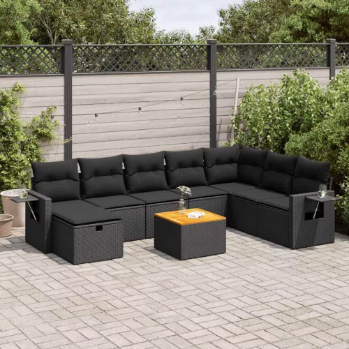  9 részes fekete polyrattan kerti ülőgarnitúra párnákkal