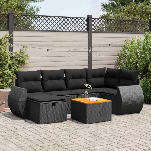  7 részes fekete polyrattan kerti ülőgarnitúra párnával