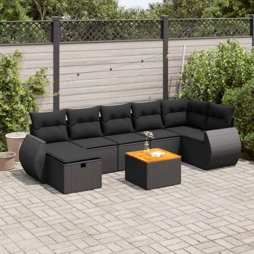  8 részes fekete polyrattan kerti ülőgarnitúra párnákkal