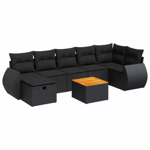  8 részes fekete polyrattan kerti ülőgarnitúra párnákkal