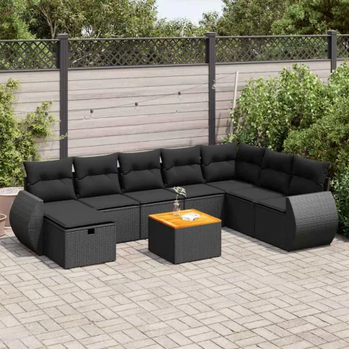  9 részes fekete polyrattan kerti ülőgarnitúra párnákkal