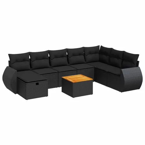  9 részes fekete polyrattan kerti ülőgarnitúra párnákkal