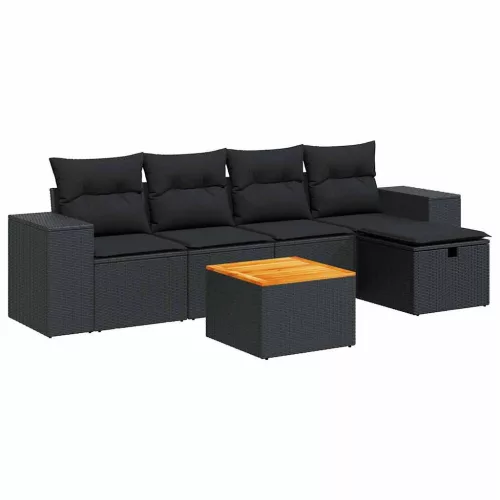 6 részes fekete polyrattan kerti ülőgarnitúra párnákkal