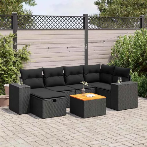  7 részes fekete polyrattan kerti ülőgarnitúra párnával