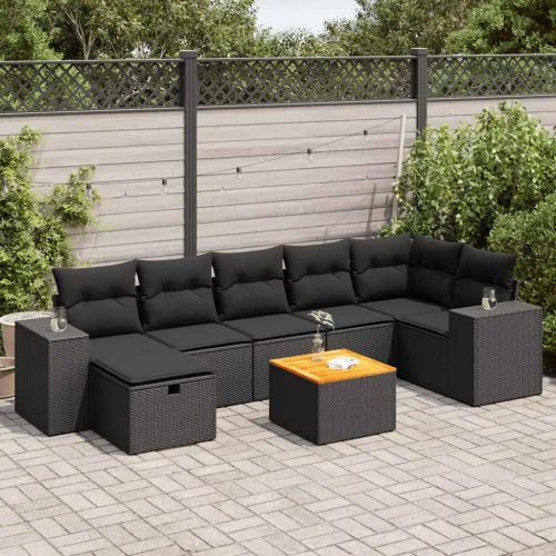  8 részes fekete polyrattan kerti ülőgarnitúra párnákkal