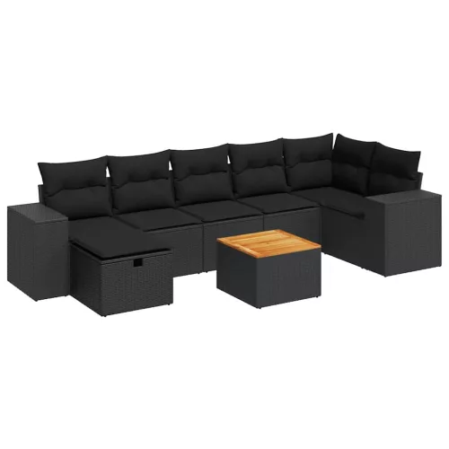  8 részes fekete polyrattan kerti ülőgarnitúra párnákkal