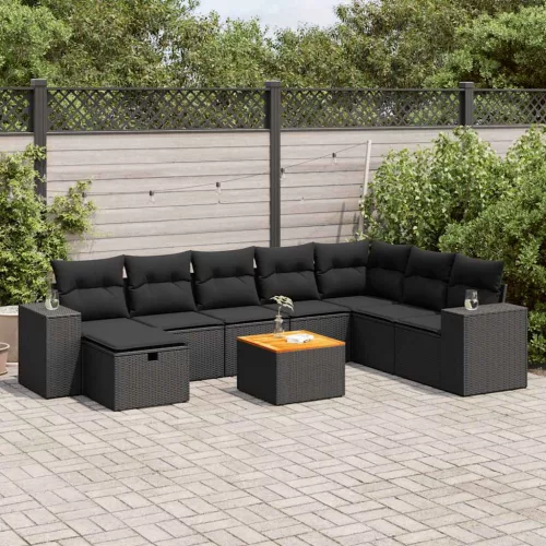  9 részes fekete polyrattan kerti ülőgarnitúra párnákkal