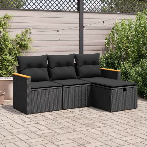  4 részes fekete polyrattan kerti ülőgarnitúra párnákkal