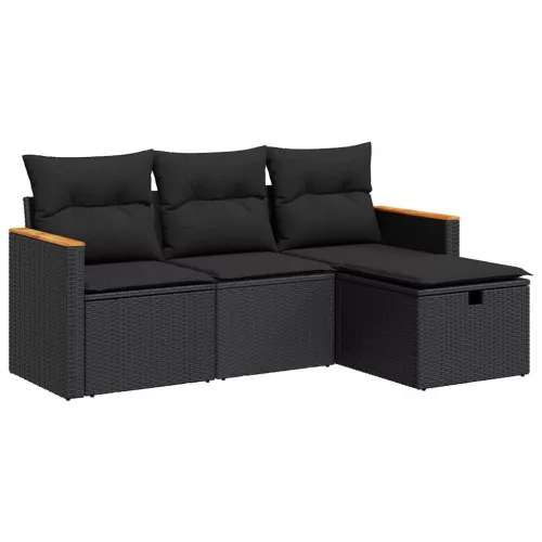  4 részes fekete polyrattan kerti ülőgarnitúra párnákkal