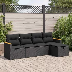  5 részes fekete polyrattan kerti kanapészett párnákkal