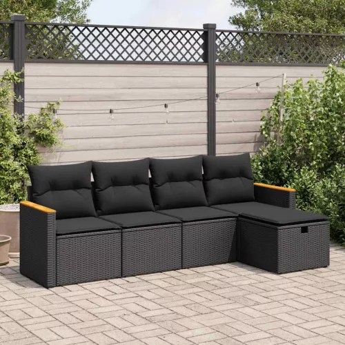 5 részes fekete polyrattan kerti kanapészett párnákkal