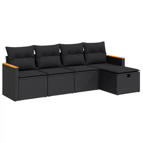 5 részes fekete polyrattan kerti kanapészett párnákkal