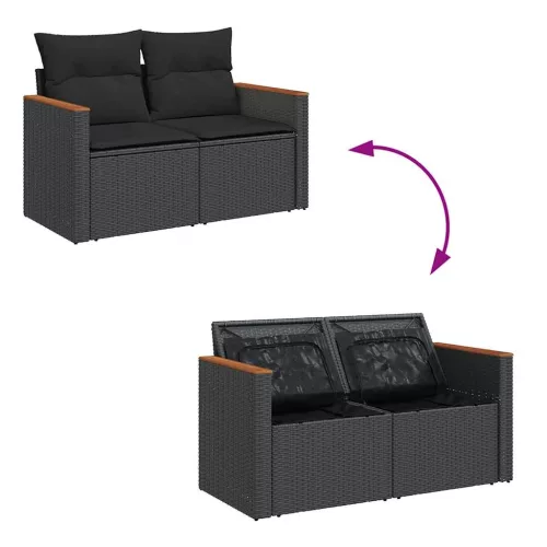  5 részes fekete polyrattan kerti kanapészett párnákkal