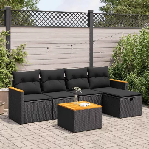  6 részes fekete polyrattan kerti ülőgarnitúra párnákkal