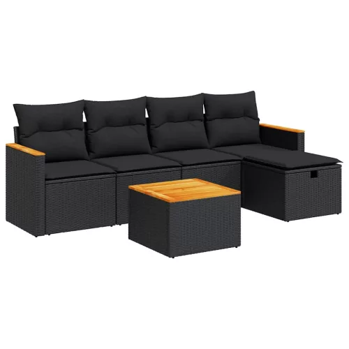  6 részes fekete polyrattan kerti ülőgarnitúra párnákkal