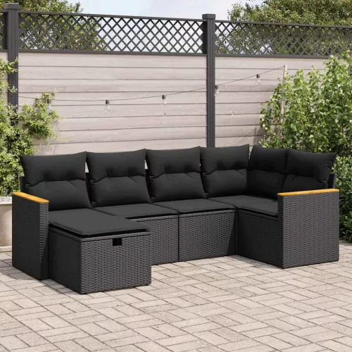  6 részes fekete polyrattan kerti ülőgarnitúra párnákkal