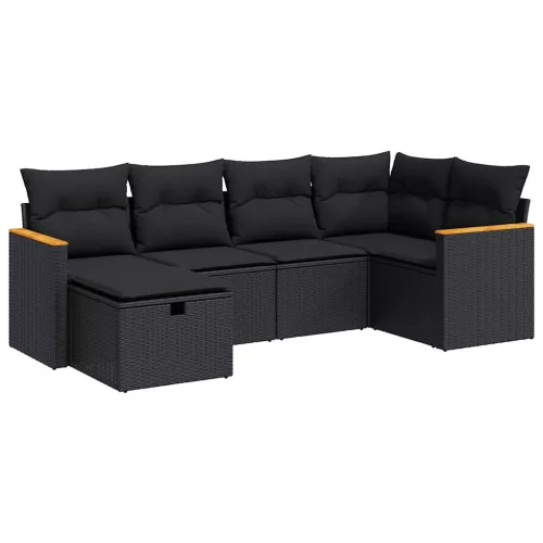  6 részes fekete polyrattan kerti ülőgarnitúra párnákkal