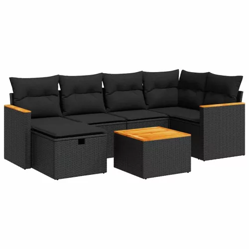  7 részes fekete polyrattan kerti ülőgarnitúra párnával