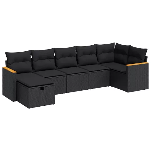  7 részes fekete polyrattan kerti ülőgarnitúra párnával