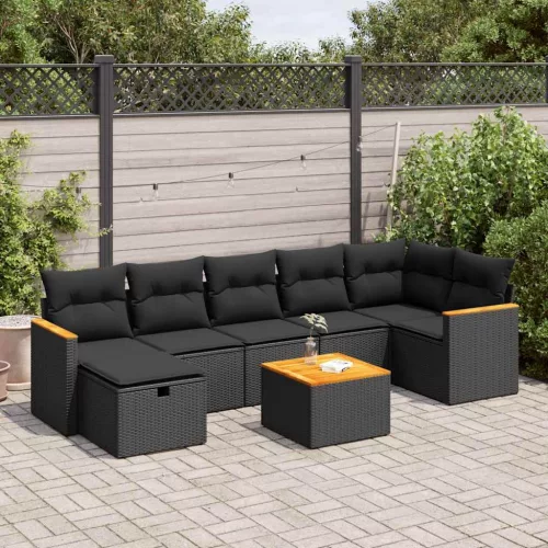  8 részes fekete polyrattan kerti ülőgarnitúra párnákkal