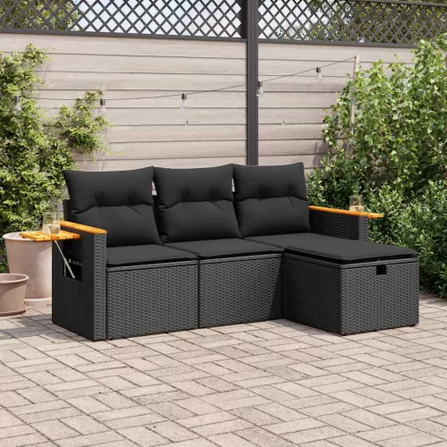  4 részes fekete polyrattan kerti ülőgarnitúra párnákkal
