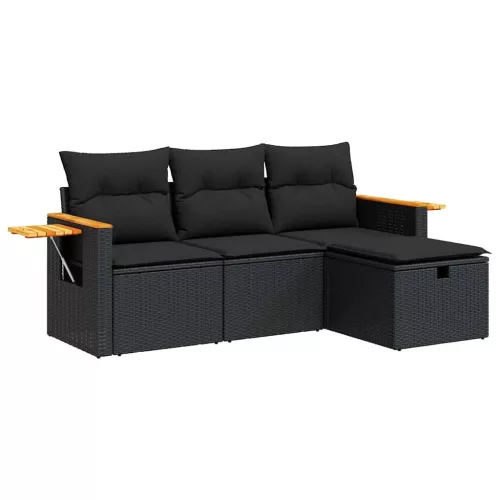  4 részes fekete polyrattan kerti ülőgarnitúra párnákkal