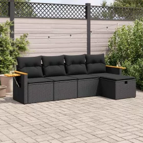  5 részes fekete polyrattan kerti kanapészett párnákkal