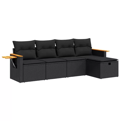  5 részes fekete polyrattan kerti kanapészett párnákkal