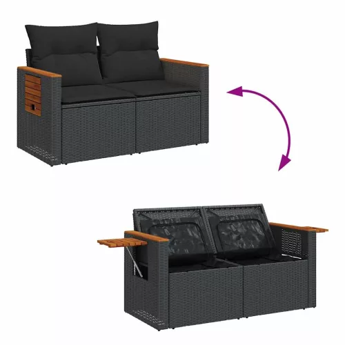 5 részes fekete polyrattan kerti kanapészett párnákkal