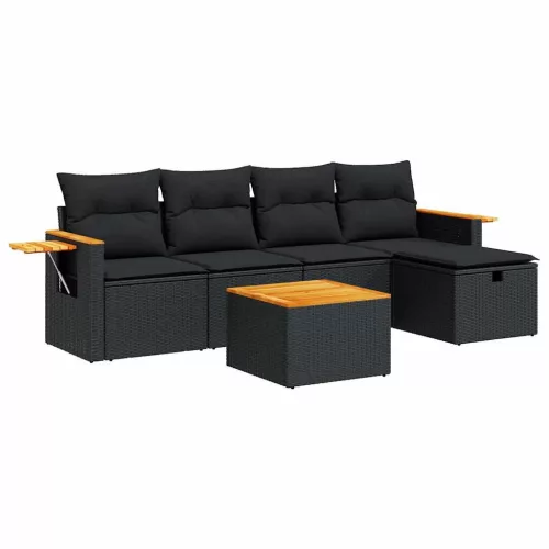  6 részes fekete polyrattan kerti ülőgarnitúra párnákkal