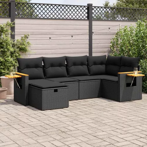  6 részes fekete polyrattan kerti ülőgarnitúra párnákkal