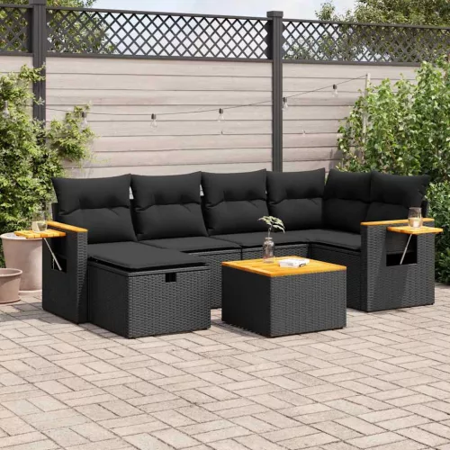  7 részes fekete polyrattan kerti ülőgarnitúra párnával