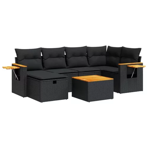  7 részes fekete polyrattan kerti ülőgarnitúra párnával