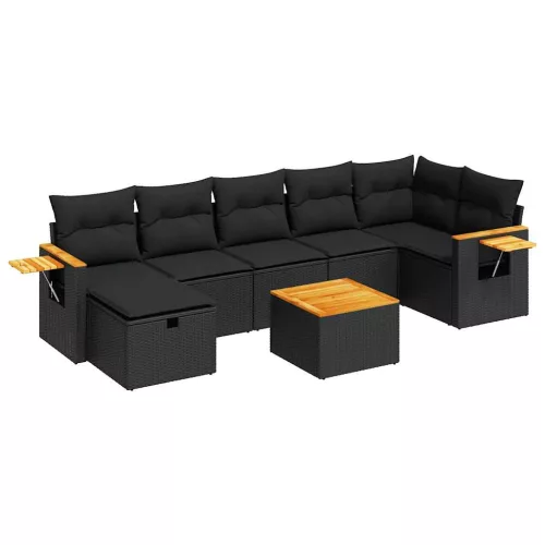  8 részes fekete polyrattan kerti ülőgarnitúra párnákkal