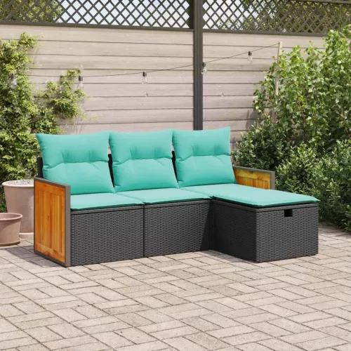  4 részes fekete polyrattan kerti ülőgarnitúra párnákkal