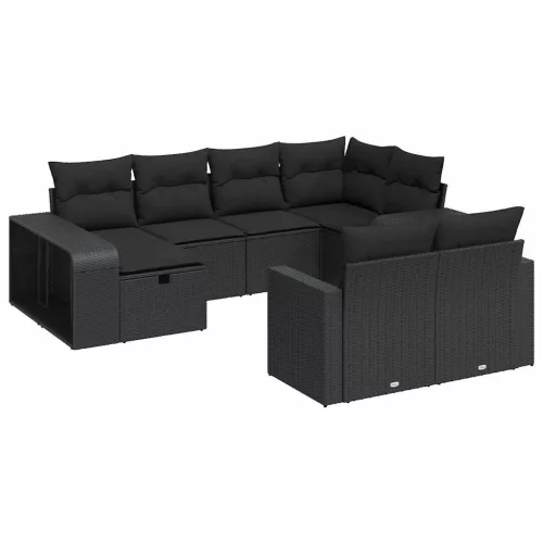  10 részes fekete polyrattan kerti ülőgarnitúra párnákkal
